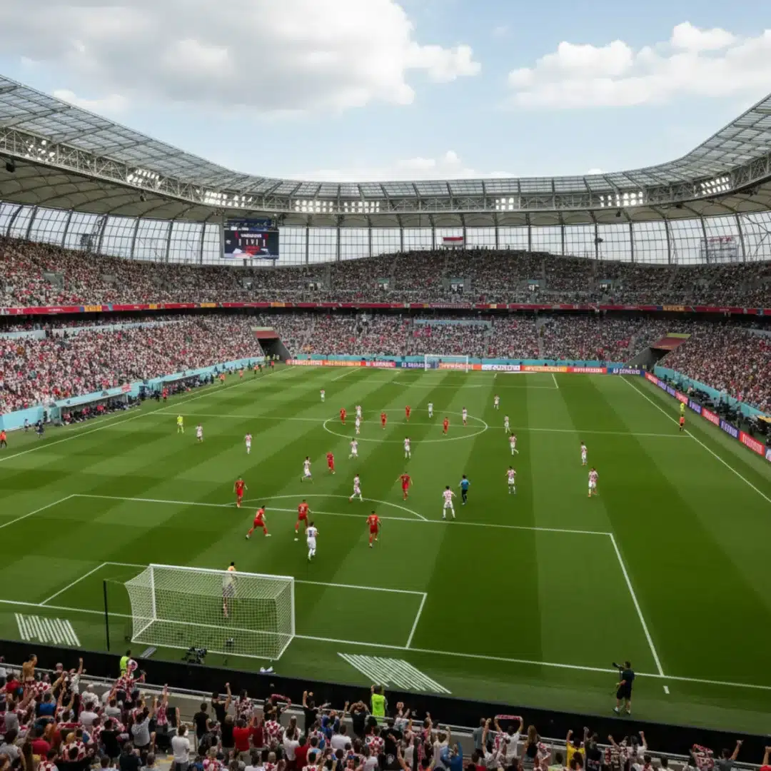 Szerkesztőségi fotó a Montenegró és Horvátország közötti világbajnoki selejtező mérkőzéséről egy stadionban