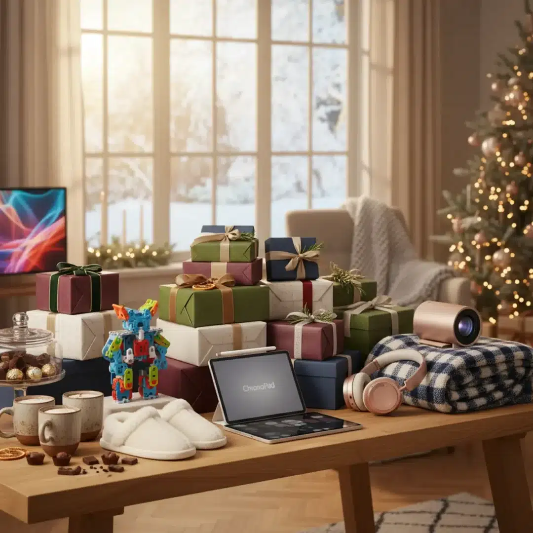 A display of various popular Christmas 2025 gift items arranged on a festive table in soft natural light