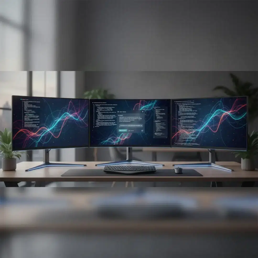 Fejlesztői munkaállomás több monitorral, mesterséges intelligenciát ábrázoló grafikonokkal és kóddal
