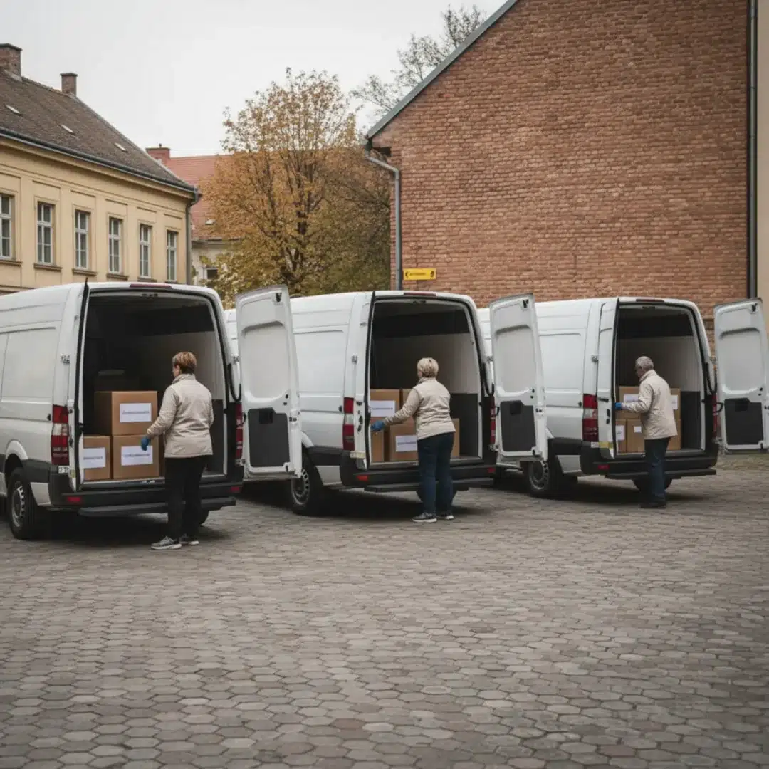 Szerkesztőségi fotó: kartondobozos élelmiszer-adományok pakolása Iványi Gábor segélyútjához