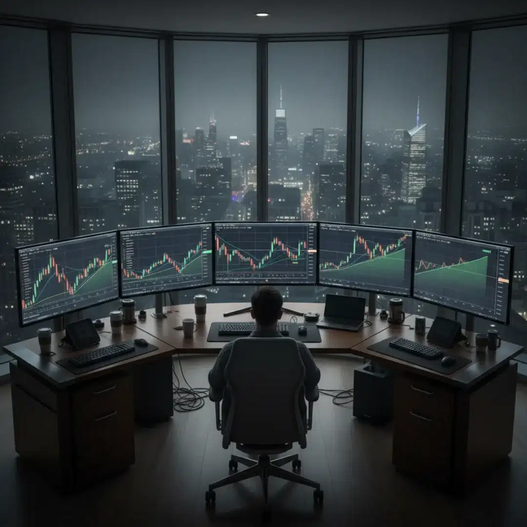 Bitcoin árfolyamgrafikon 2026-ig egy modern kereskedői monitorfalon