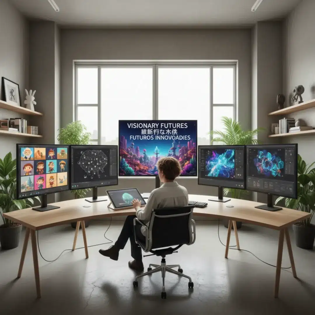 Kreatív szakember AI-képgenerátort használ több képernyőn, infografikákkal és látványtervekkel