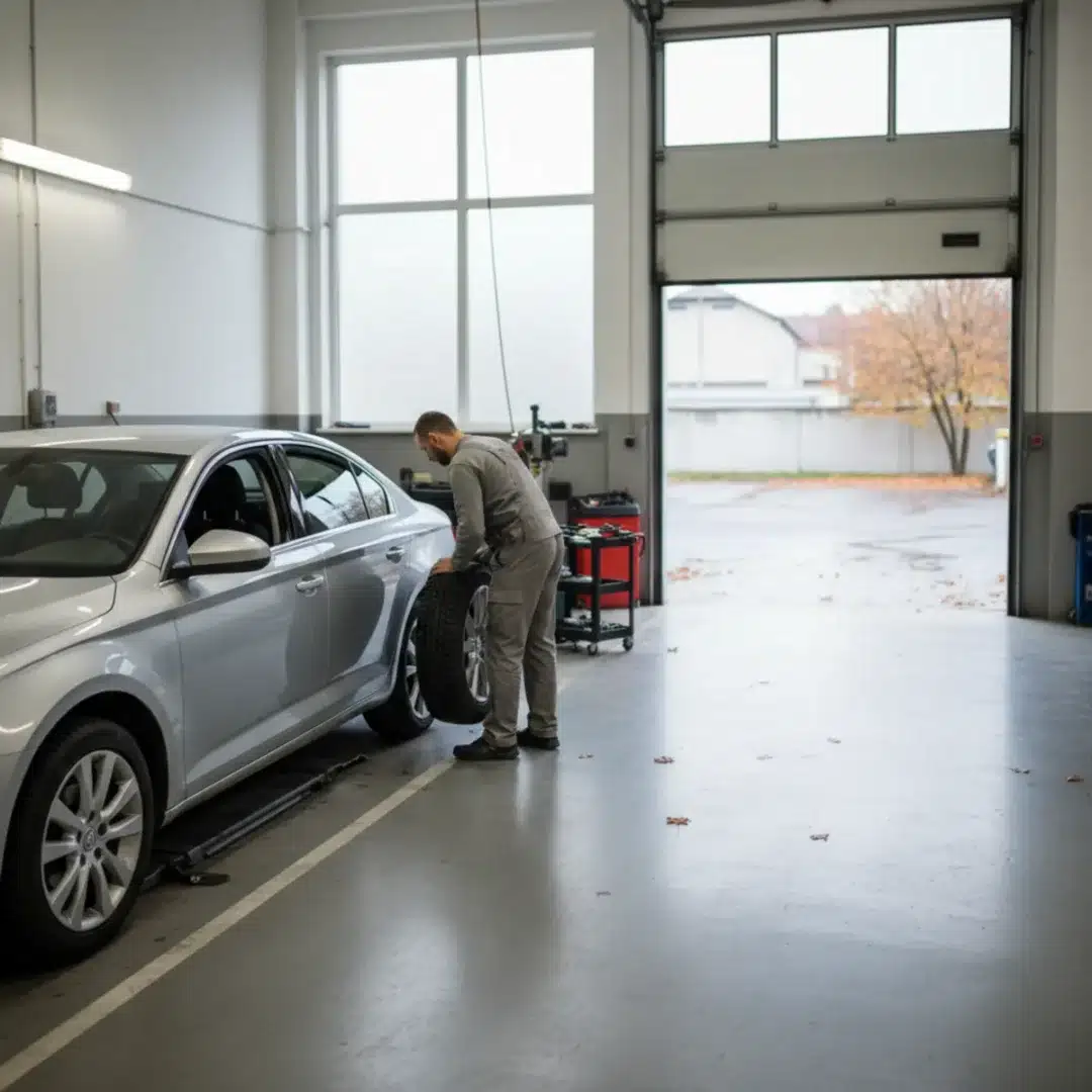 Szerkesztőségi fotó, amelyen egy szerelő téli gumi felszerelésén dolgozik egy autószervizben