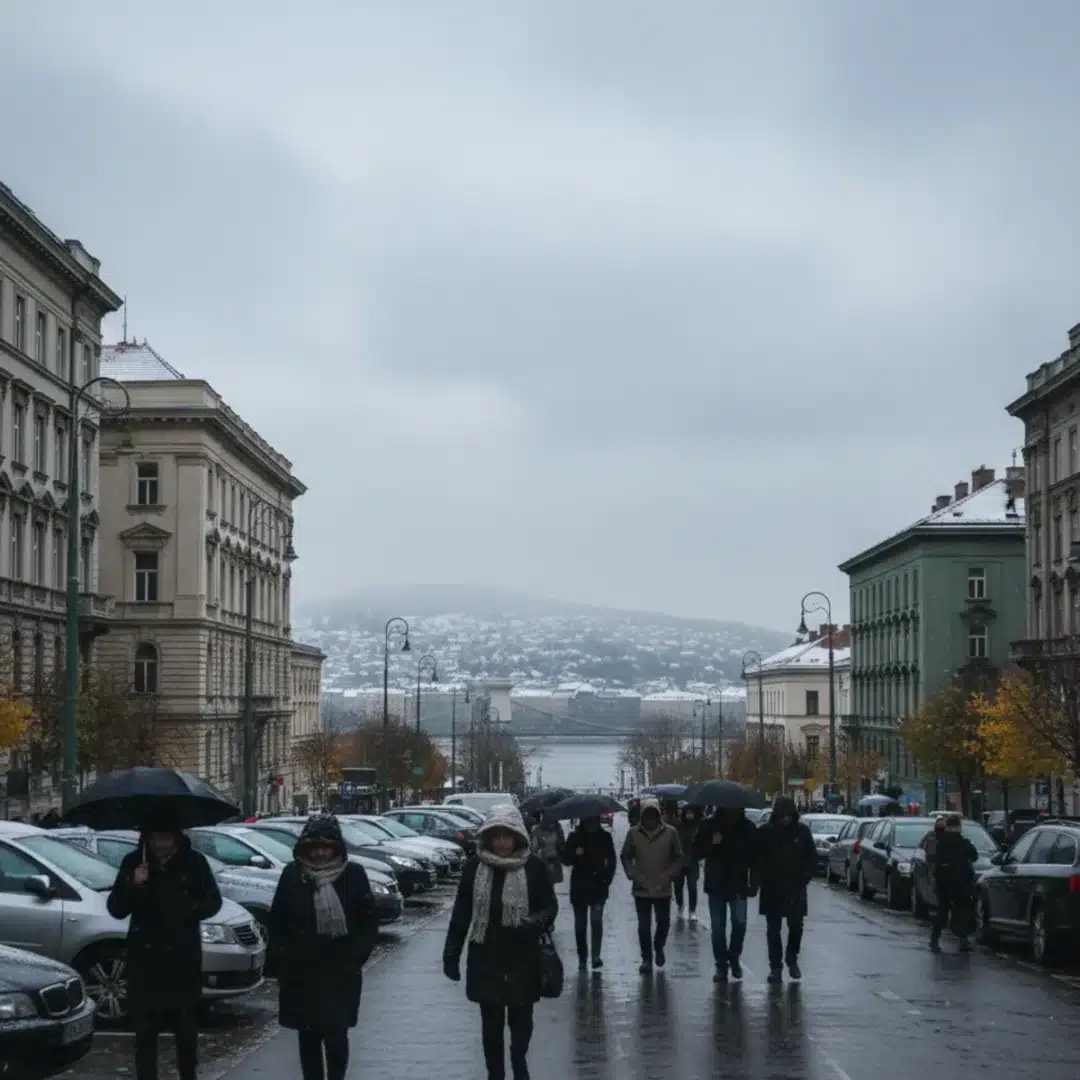 Szerkesztőségi fotó, amely semlegesen ábrázolja Magyarország időjárását havazással és köddel