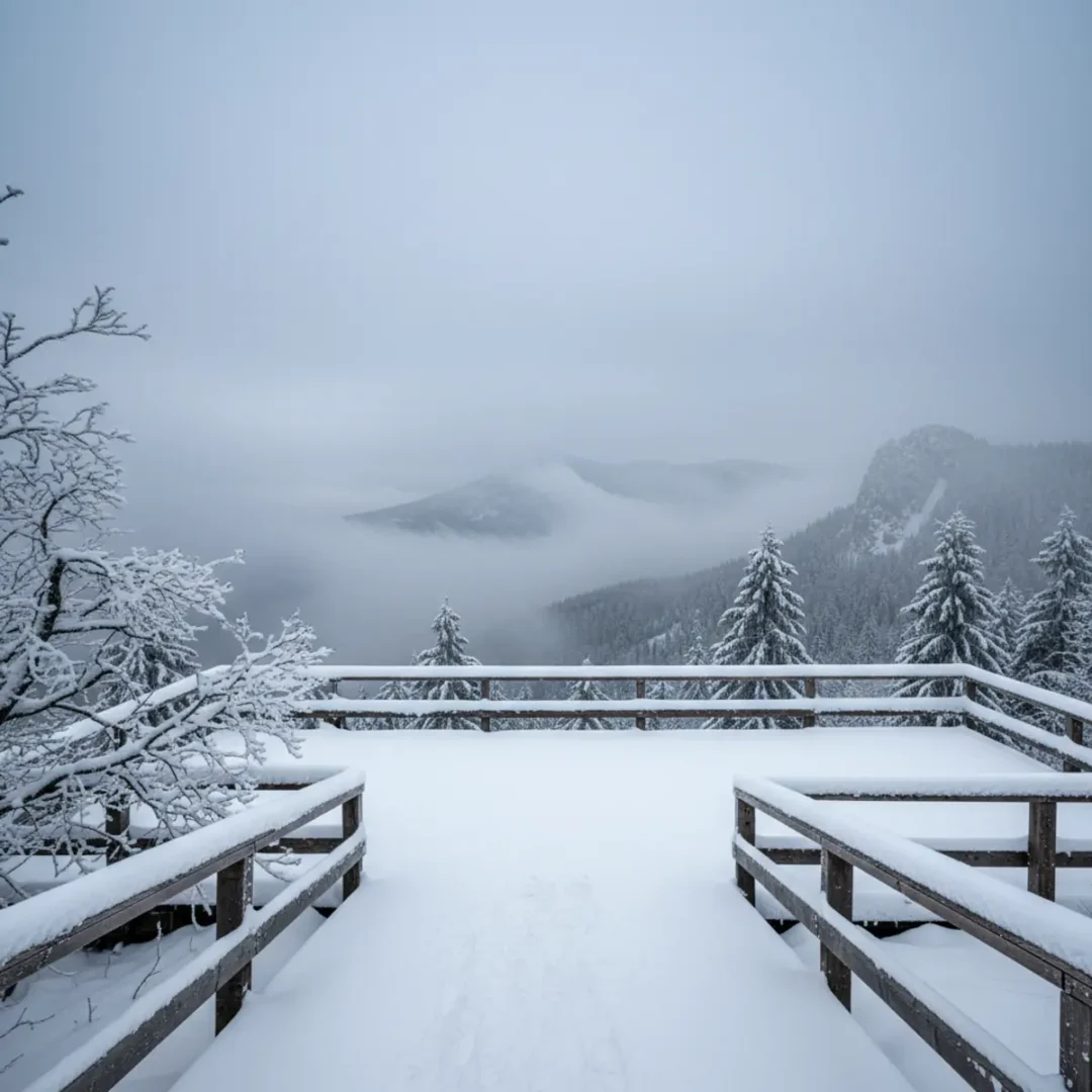 Friss hóval borított kilátó és erdő Dobogókőn, a háttérben ködös hegyekkel