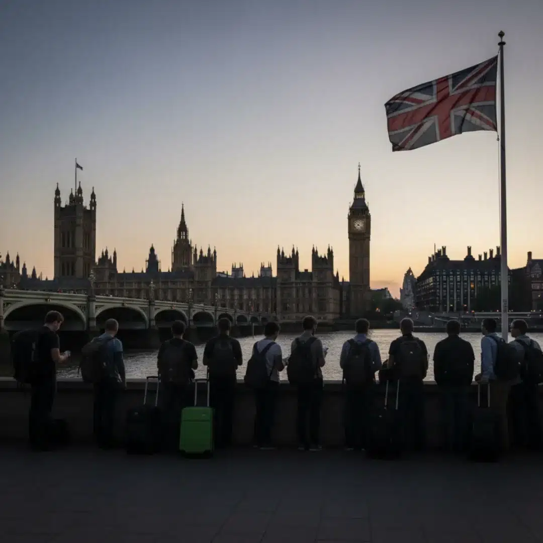 Bevándorlók bőröndökkel a londoni Parlament előtt napnyugtakor
