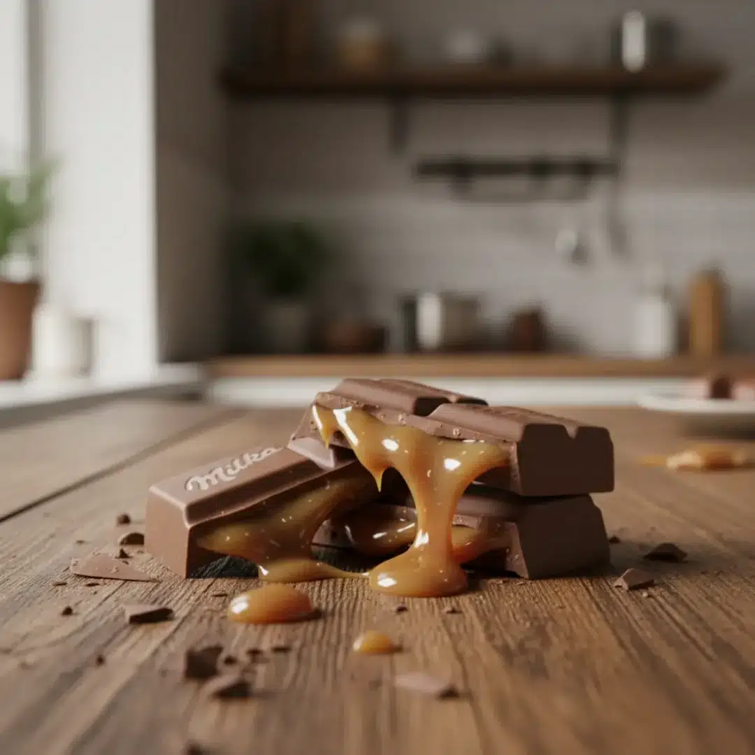 Milka Caramel táblás csokoládé csomagolása és törött darabjai