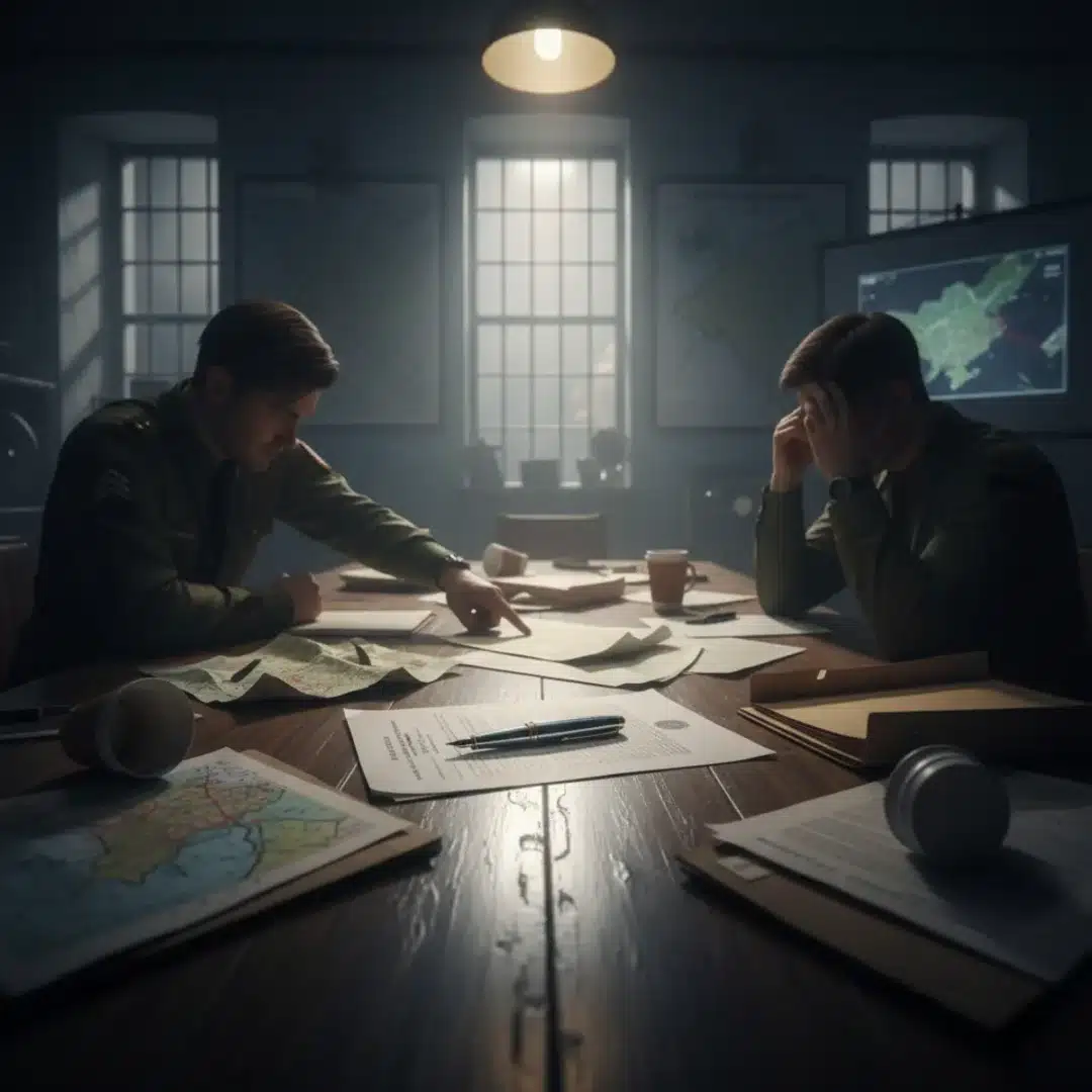 Tárgyalóasztal térképekkel és dokumentumokkal, a Trump-féle béketerv hangulatát idézve