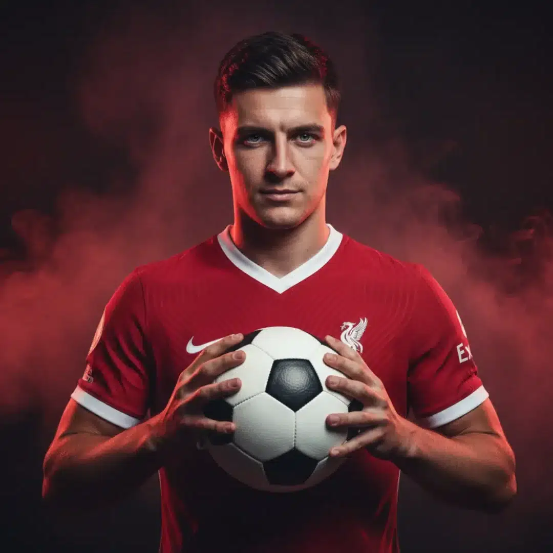 Szoboszlai Dominik a Liverpool mezében magabiztosan néz a kamerába, utalva a World Soccer címlapjára.