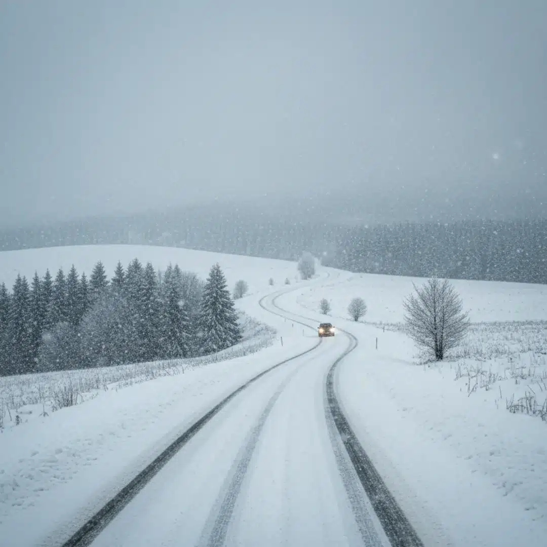 Havas táj és csúszós út Magyarországon, szakadó hóesésben közlekedő autó