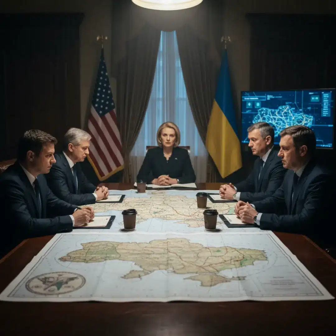 Diplomáciai tárgyalóasztal Ukrajna térképével és zászlókkal, drámai megvilágításban