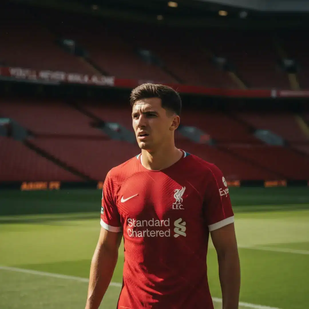 Szoboszlai Dominik a Liverpool mezében az Anfield stadionban