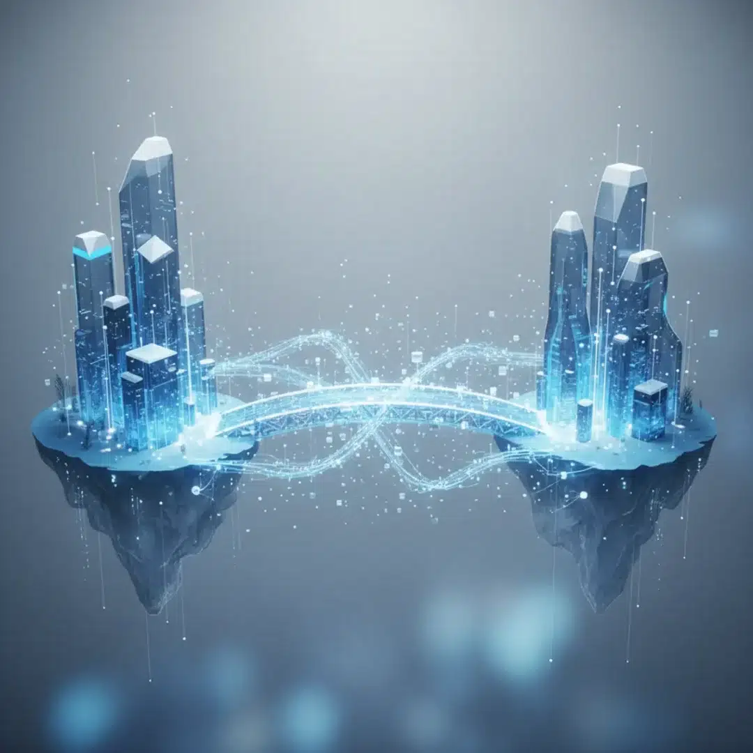 Digitális híd, amely két szoftverrendszert köt össze, szimbolizálva az API adatátviteli szerepét.