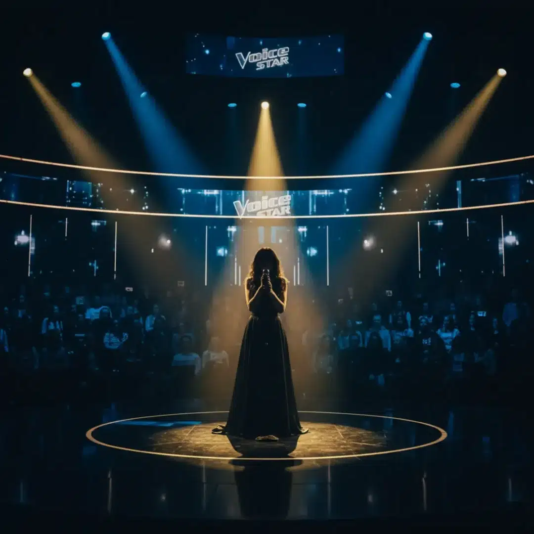 Énekesnő a Megasztár színpadán a reflektorfényben