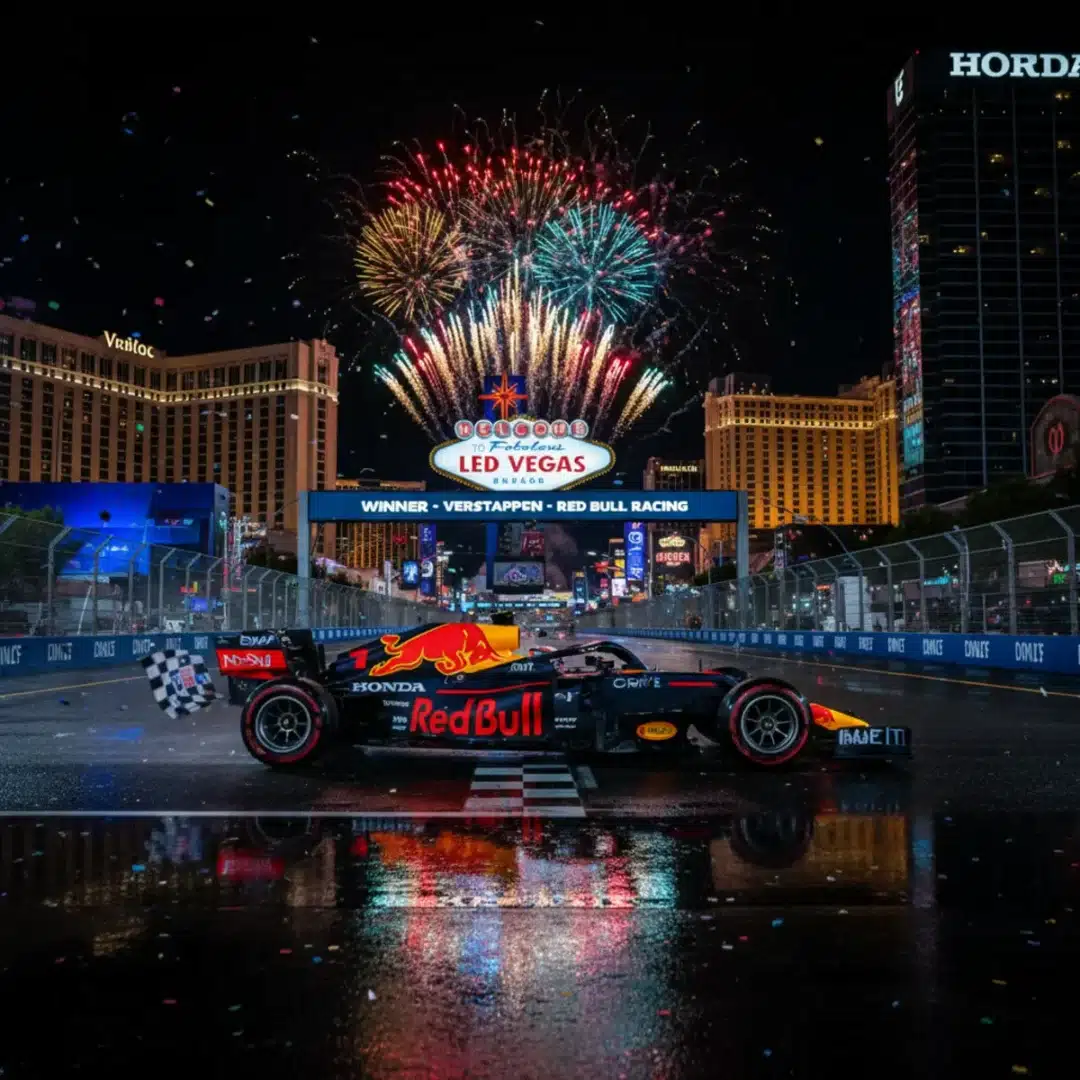 Max Verstappen Red Bull versenyautója áthalad a célvonalon a kivilágított Las Vegas-i pályán éjszaka.
