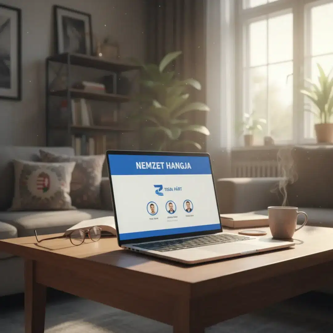 Laptop képernyője a Tisza Párt Nemzet Hangja szavazófelületével egy nappaliban