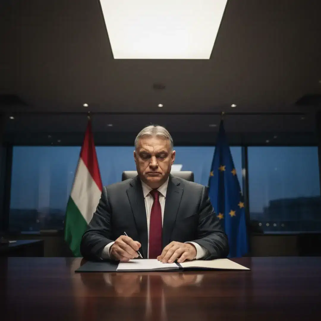 Orbán Viktor elgondolkodva ül az irodájában, háttérben elmosódott zászlókkal