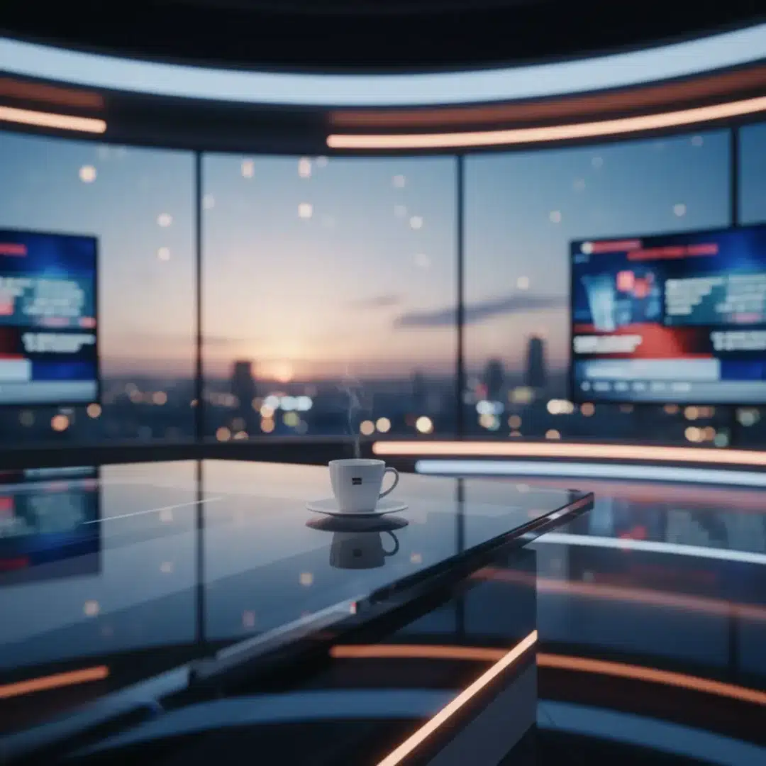 Üres modern televíziós híradó stúdió asztal egy ottfelejtett kávéscsészével a hajnali fényekben.