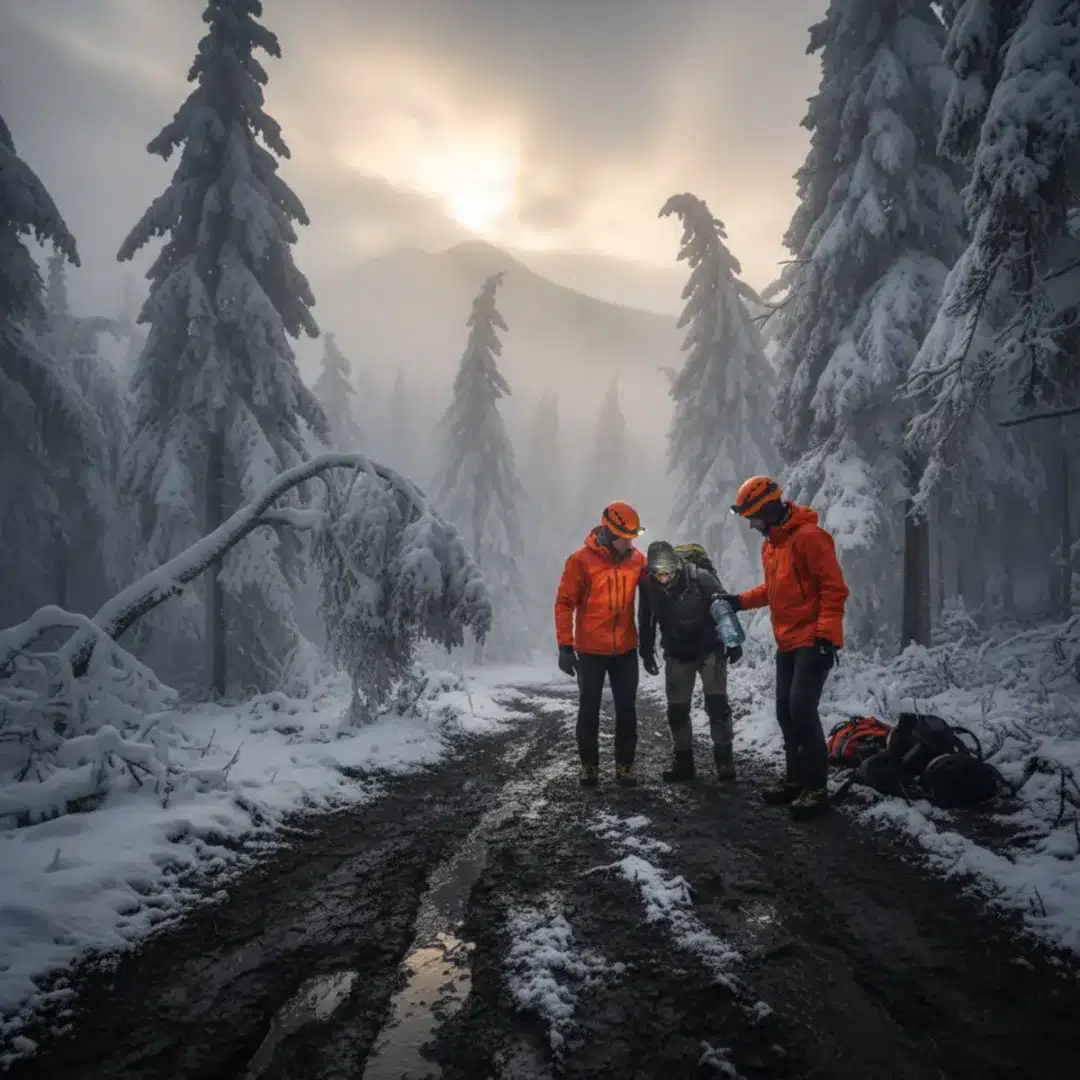 Hegyimentők segítenek egy túrázónak a havas és sáros börzsönyi erdőben