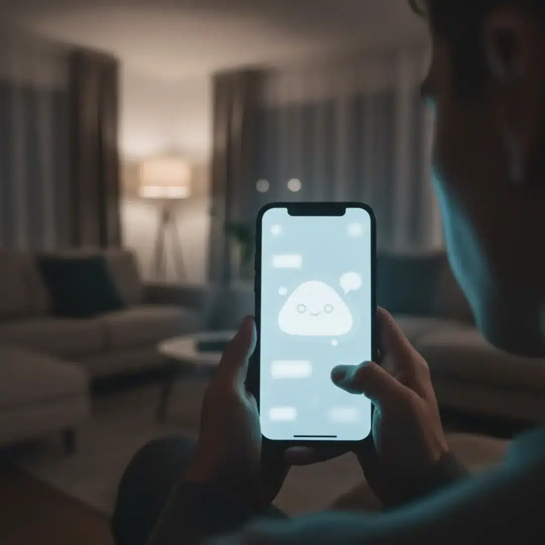 Okostelefon kijelzőjén futó mesterséges intelligencia alapú társkereső alkalmazás, elmosódott háttérrel