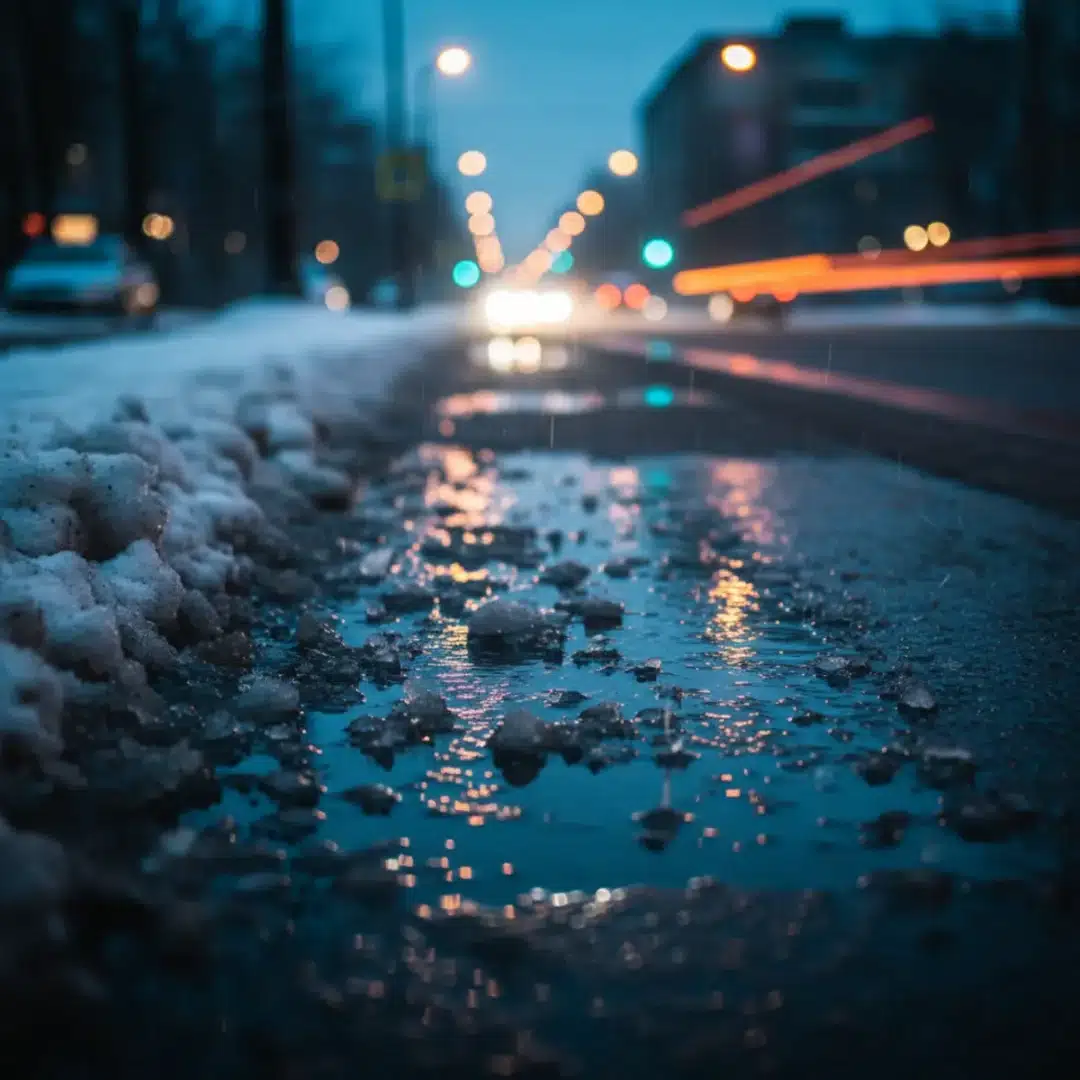 Csúszós, jeges aszfaltút ónos eső után, autók fényeivel a háttérben