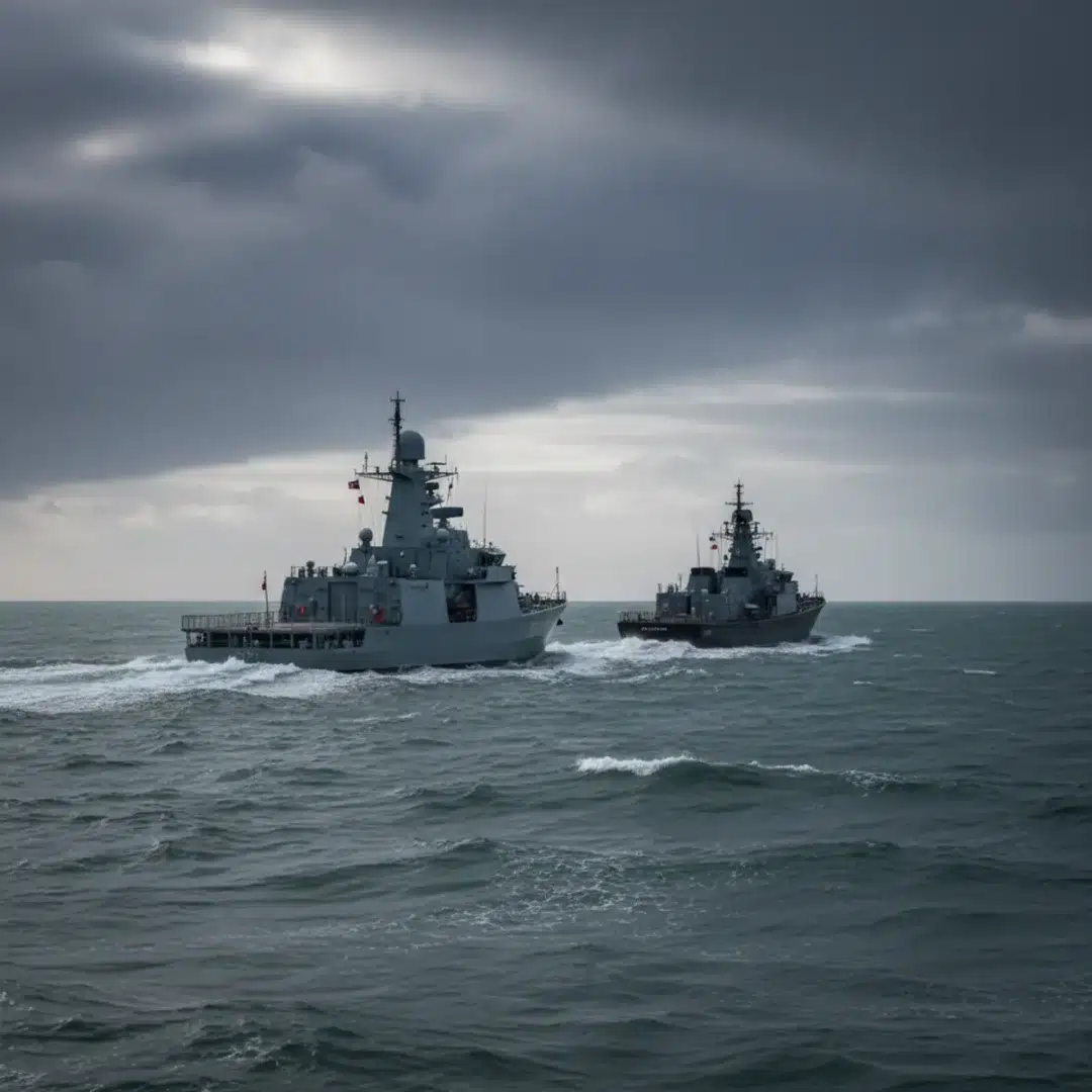 A brit királyi haditengerészet HMS Severn járőrhajója árnyékként követi az orosz Stoikiy korvettet a tengeren