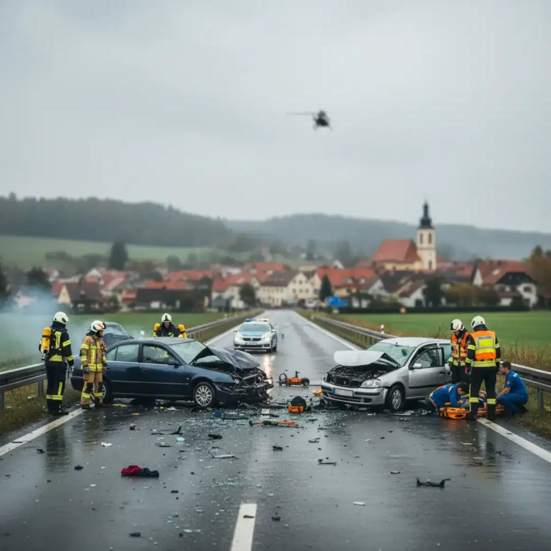Tűzoltók és mentők dolgoznak két összetört autó mellett Aszód közelében, a 3-as főúton