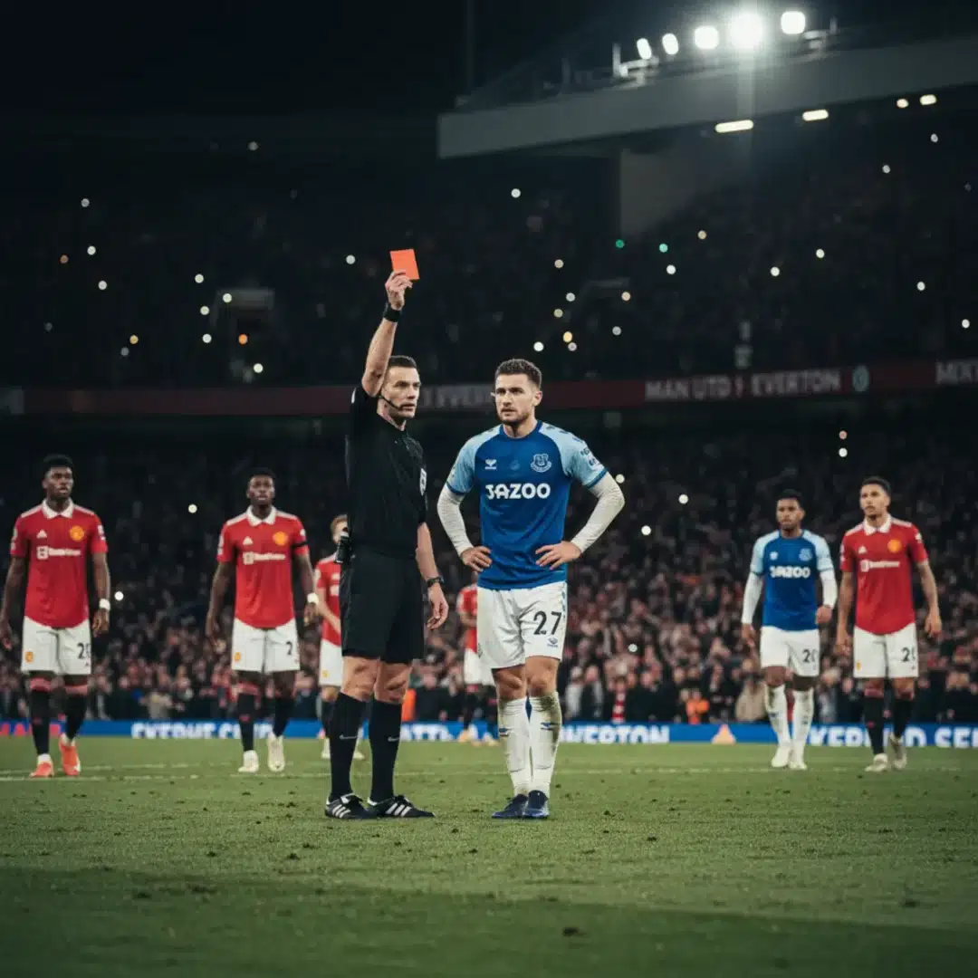 A játékvezető piros lapot mutat fel az Everton játékosának a Manchester United elleni mérkőzésen