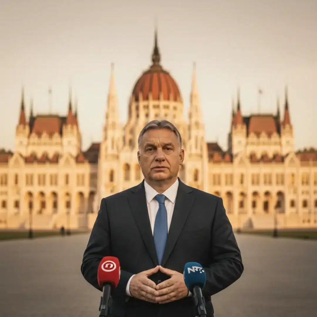 Orbán Viktor miniszterelnök sajtótájékoztatót tart a Parlament előtt