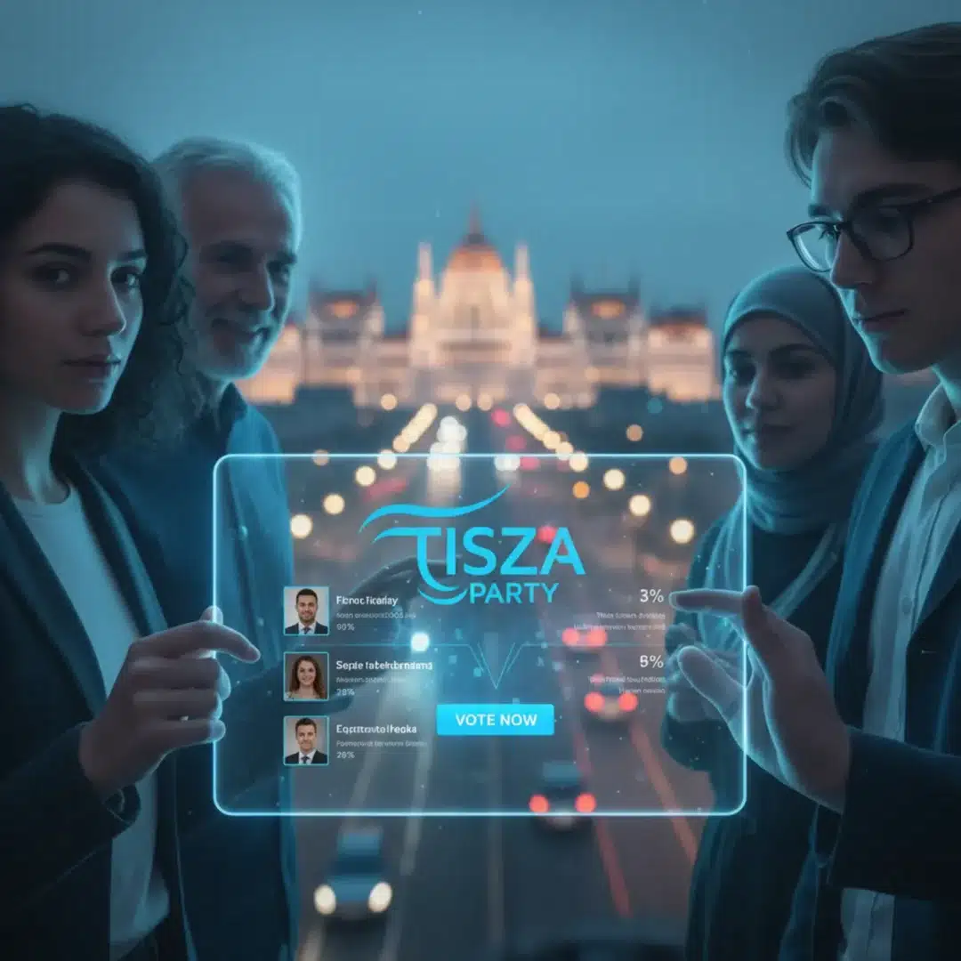 Digitális szavazófelületet tartó kezek, háttérben elmosódott magyar városkép, kék hangulatvilágítással