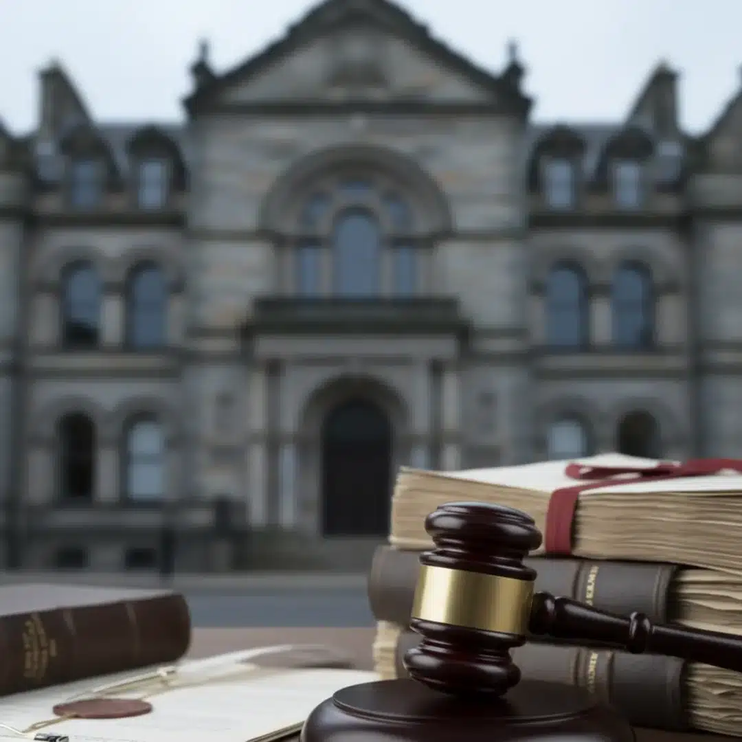 Hardeep Singh Kohli bírósági ügyével kapcsolatos illusztráció, bírósági épület és jogi szimbólumok