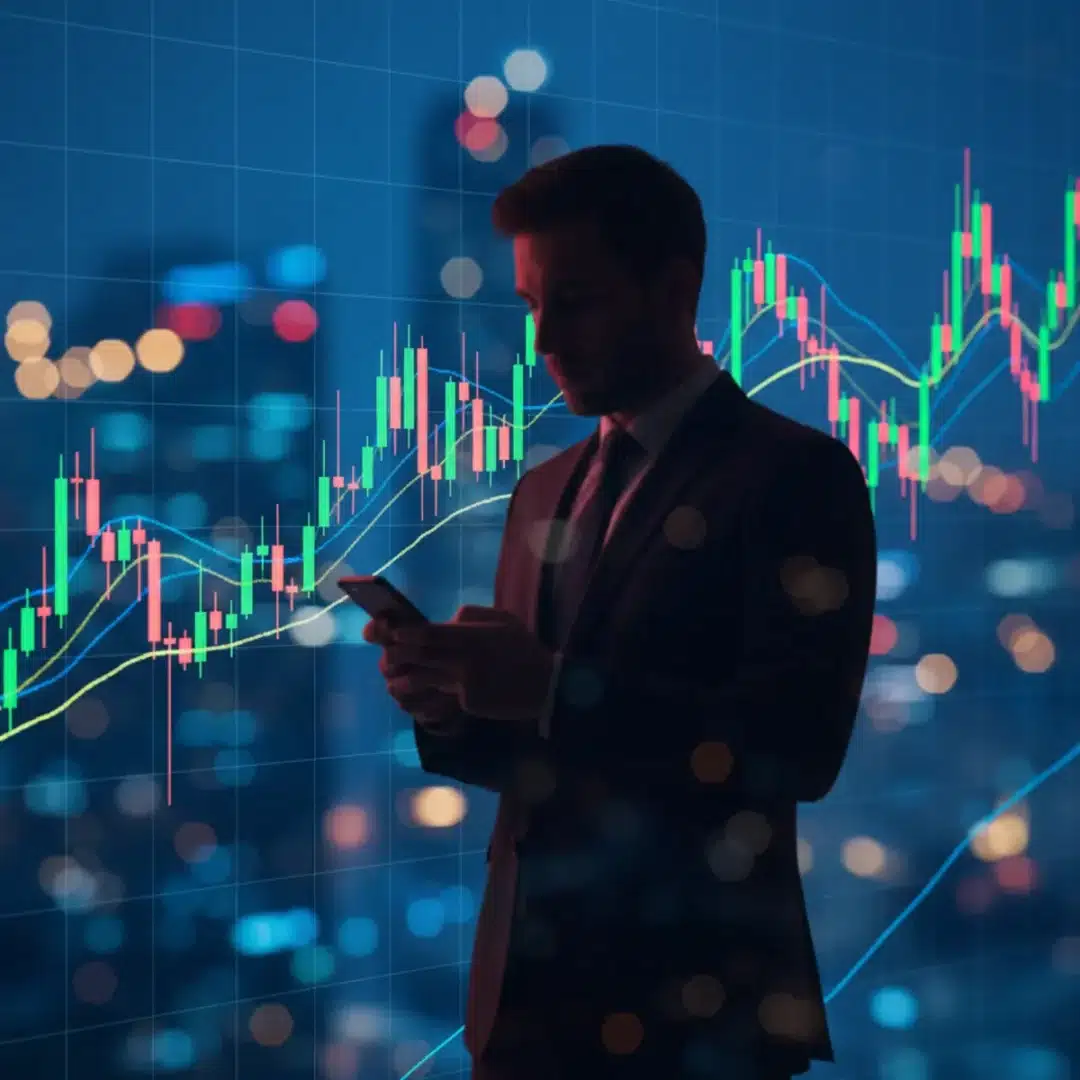 Tőzsdei árfolyamok digitális kijelzőn, előtérben egy férfi telefonnal a kezében