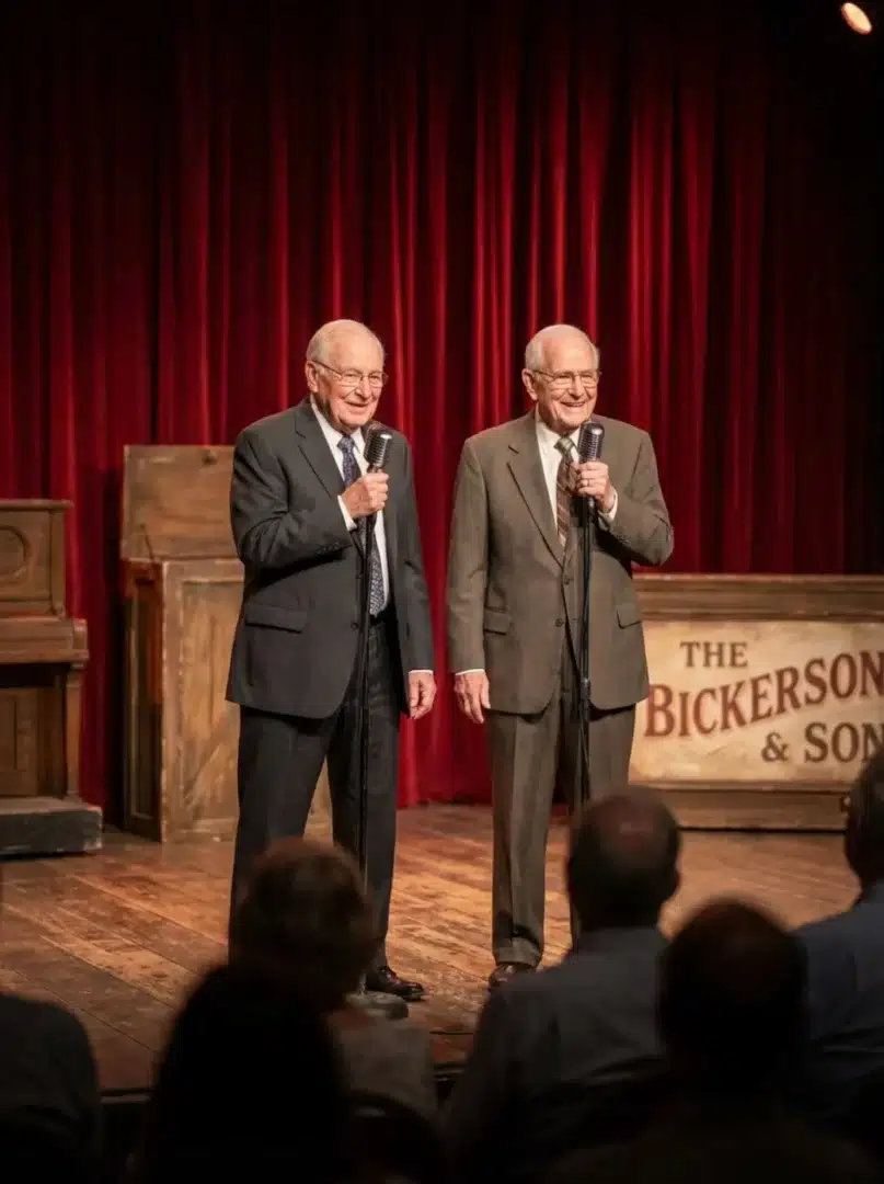 Laár András és Galla Miklós a színpadon mikrofonnal a kezükben