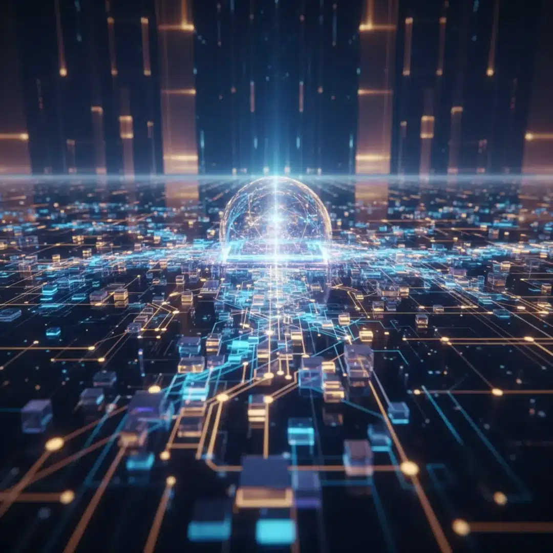 Futurisztikus adatfolyam és mesterséges intelligencia hálózat, amely a nagy memóriakapacitást szimbolizálja