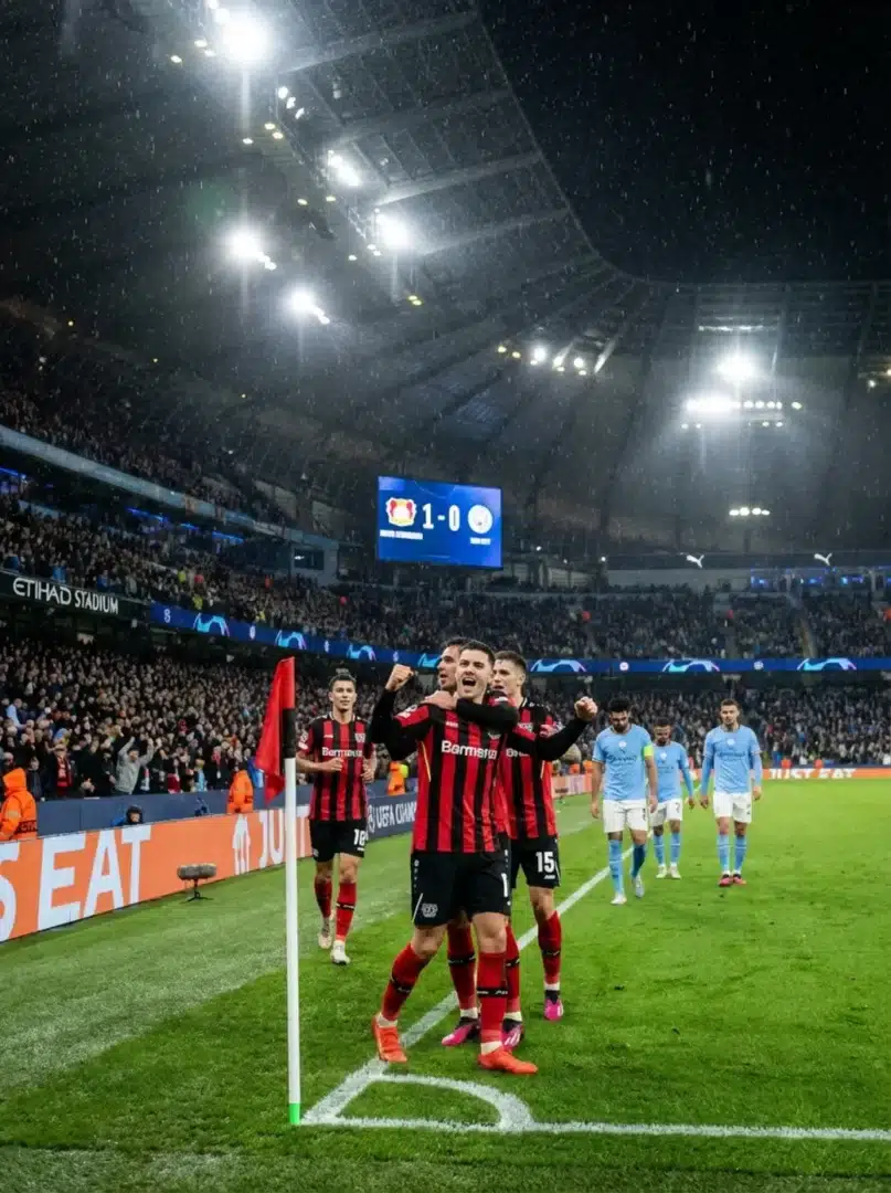 A Bayer Leverkusen játékosai ünneplik a góljukat a Manchester City ellen az Etihad Stadionban