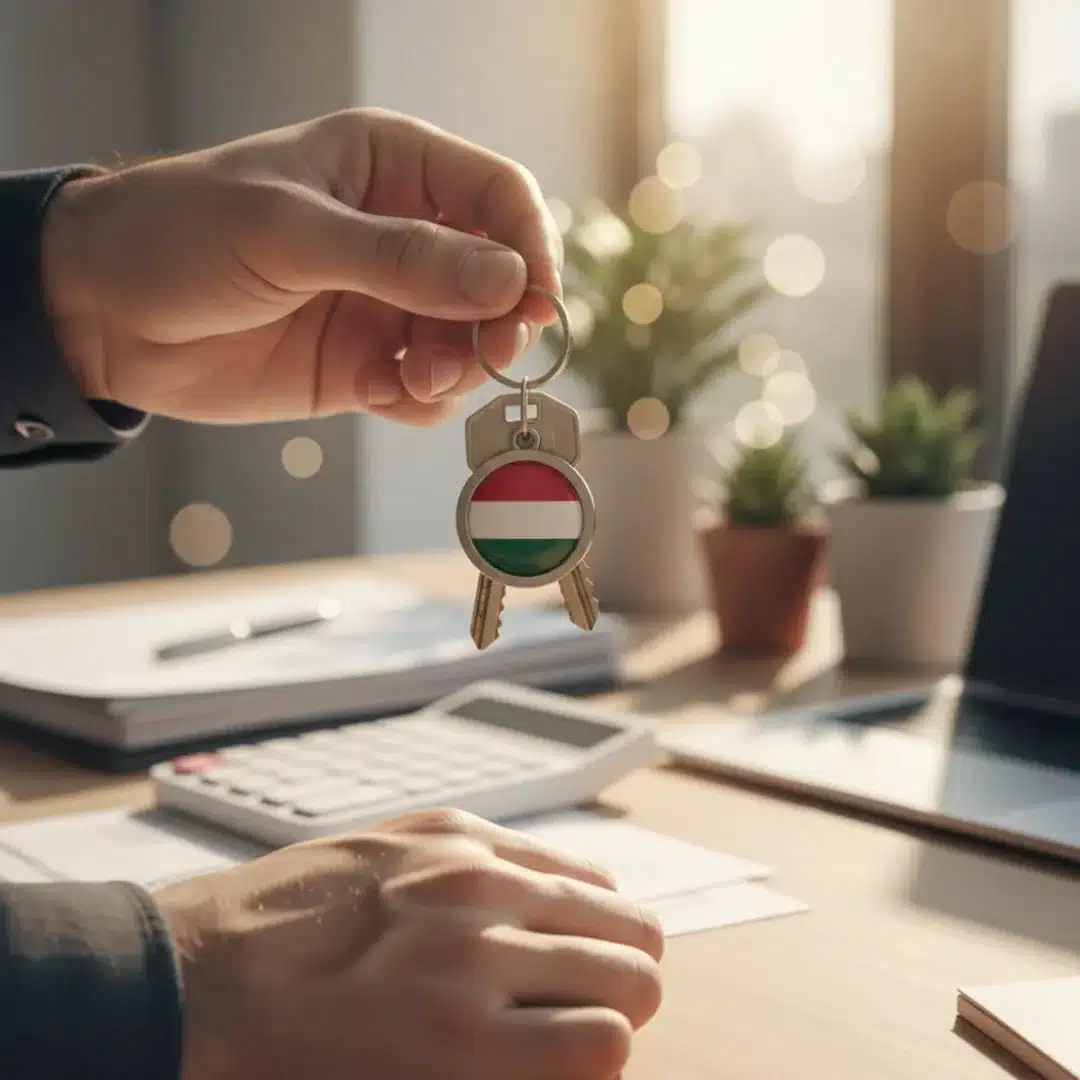 Lakáskulcsok egy irodai asztalon, háttérben számológép és papírok, illusztráció a közszolgálati otthontámogatáshoz