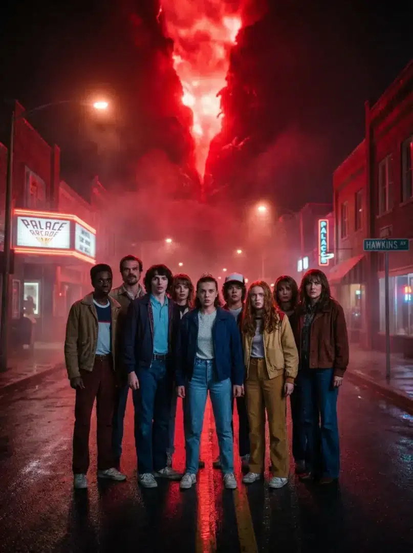 A Stranger Things szereplői a sötét Hawkins utcáján vörös fényekben