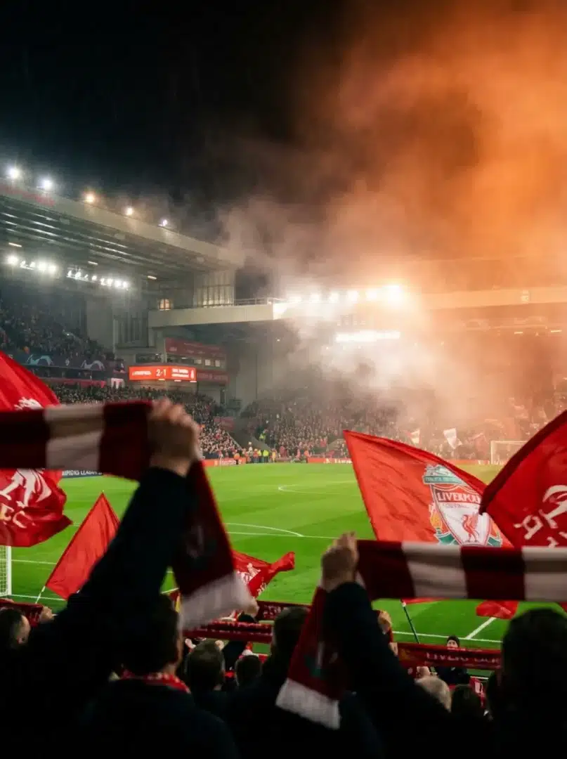 Az Anfield Road fényei a Liverpool-PSV BL-mérkőzés előtt