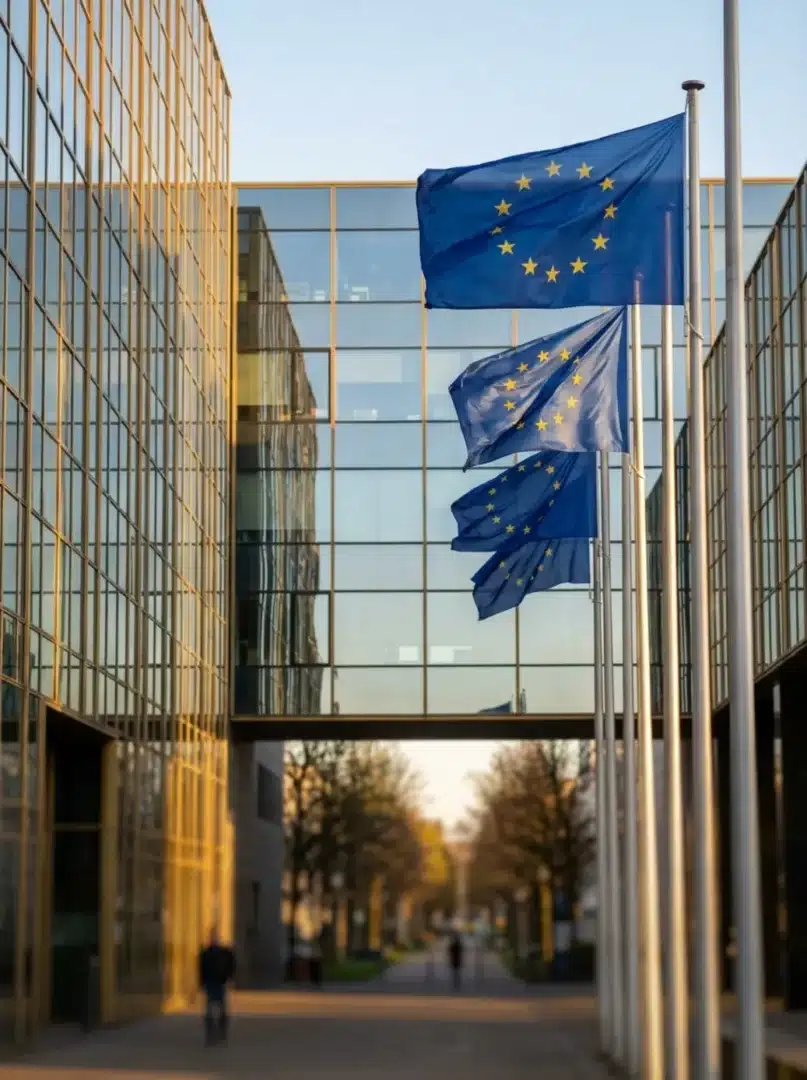 Az Európai Unió Bíróságának modern épülete Luxemburgban, uniós zászlókkal