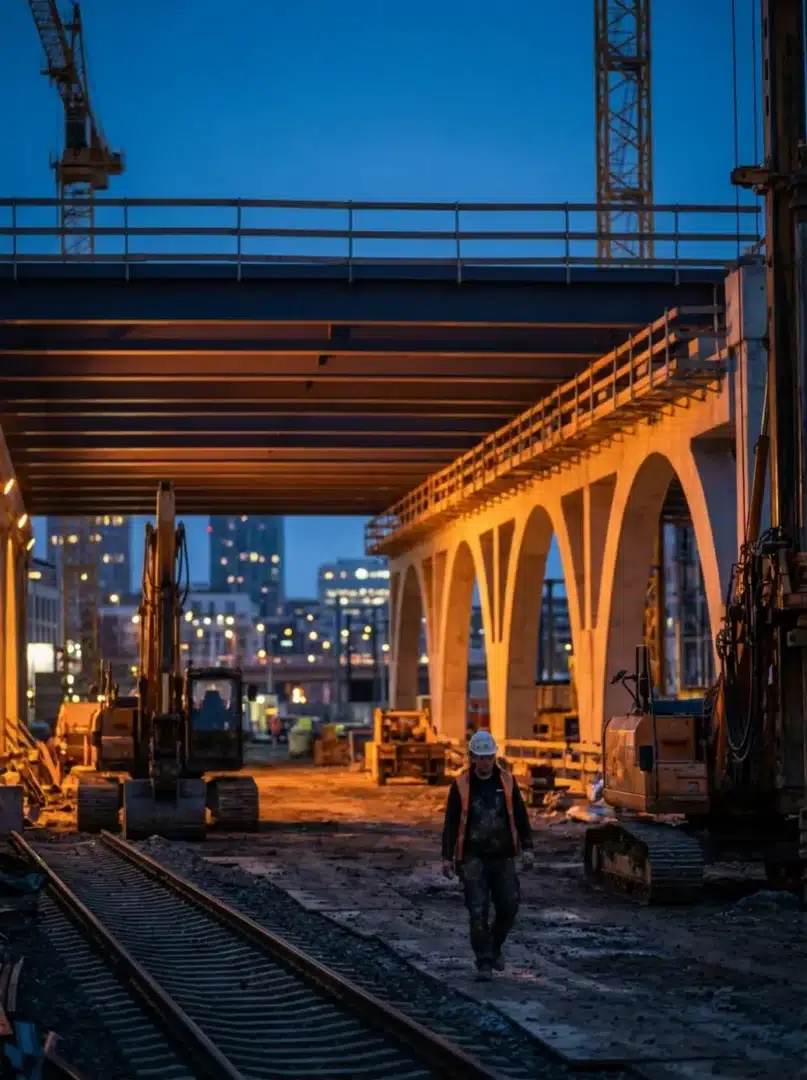 Modern vasúti építkezés munkagépekkel és új vágányokkal alkonyatkor