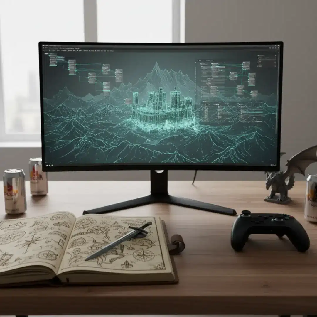 Szerkesztőségi fotó a The Witcher 4 témájáról: játékfejlesztői asztal térképpel és 3D-s tájjal