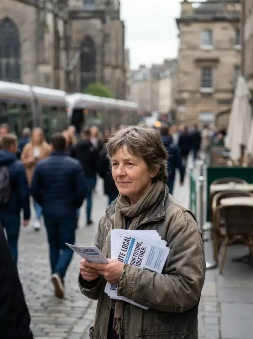 Bódis Kriszta szórólapot oszt Budapesten, háttérben elmosódott járókelők