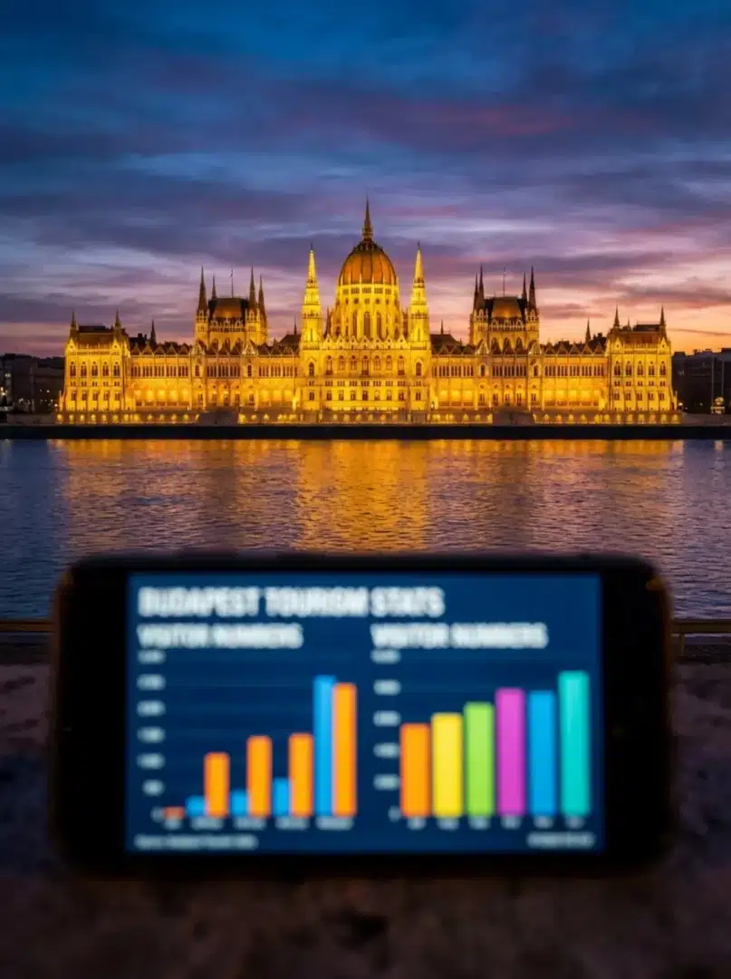 Budapesti Parlament látképe, előtérben egy elmosódott okostelefon statisztikai adatokkal