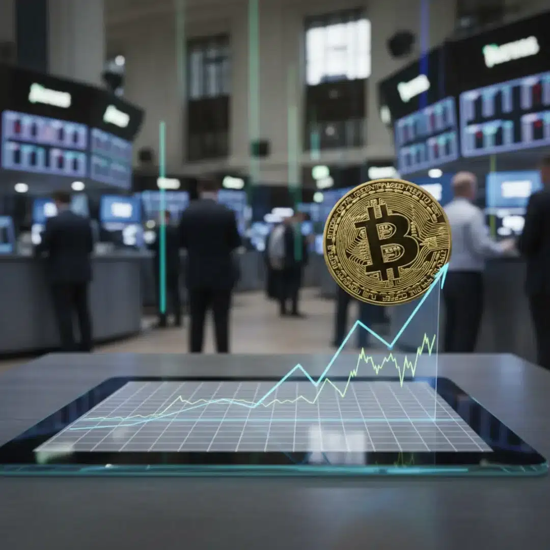 Fizikai Bitcoin érme egy digitális tőzsdei grafikonon, háttérben elmosódott kereskedési környezettel