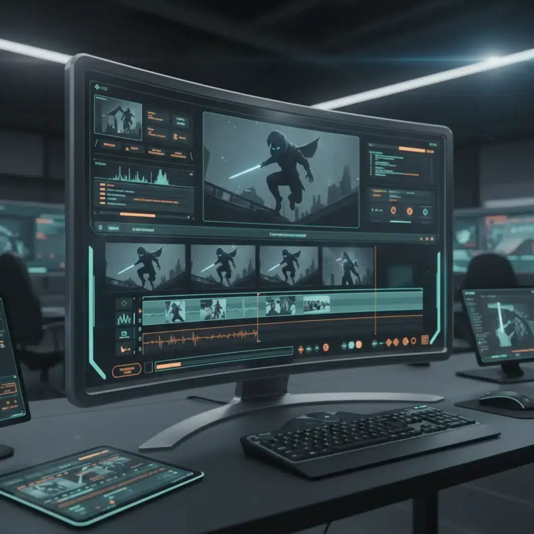 Futurisztikus videószerkesztő szoftver felülete, amely a Veo 3.1 technológiát demonstrálja