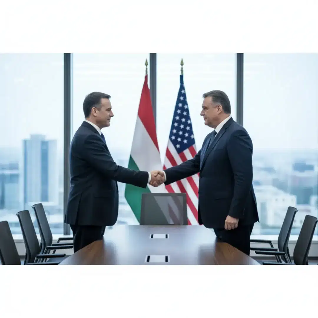Szerkesztőségi fotó, amely semlegesen ábrázolja a magyar-amerikai diplomáciai találkozót