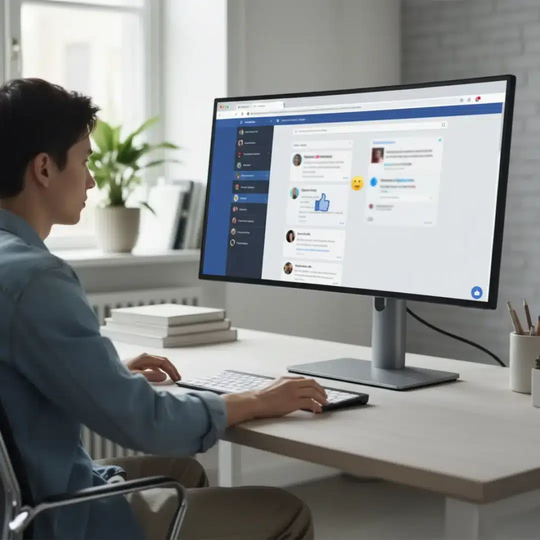 Szerkesztőségi fotó, amely egy modern számítógép előtt ülő felhasználót ábrázol, miközben a képernyőn a Messenger webes felülete látható