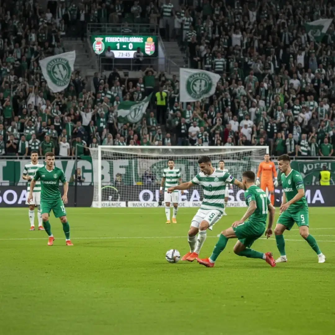 Szerkesztőségi fotó a Ferencváros és a Ludogorec focicsapat közötti mérkőzésről a Groupama Arénában, éljenző szurkolók előtt