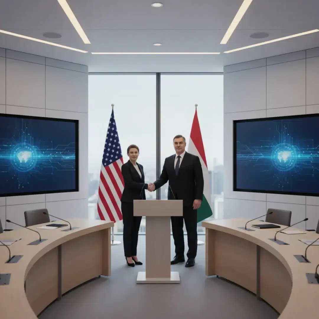 Szerkesztőségi fotó, amely semlegesen ábrázolja Donald Trump és Orbán Viktor találkozóját, amerikai és magyar zászlókkal a háttérben.