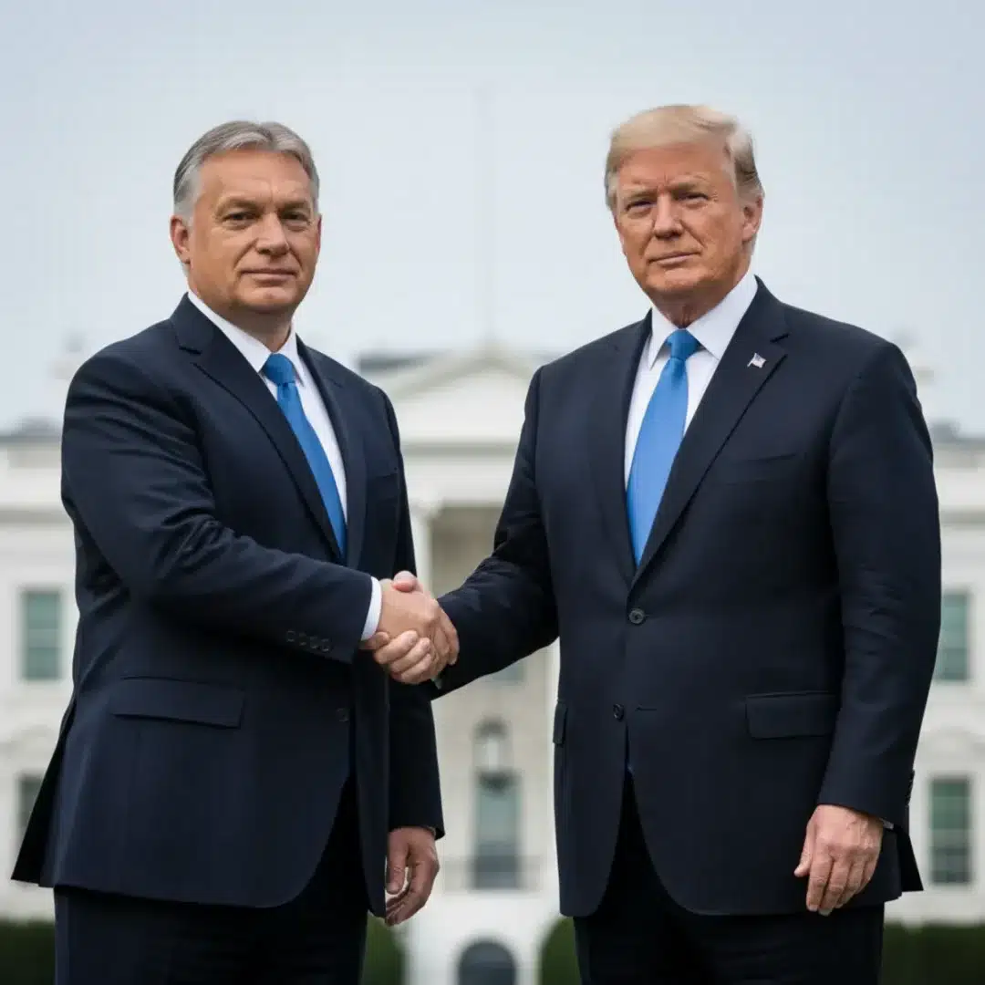 Orbán Viktor és Donald Trump kezet fognak a Fehér Ház előtt Washingtonban a Trump-Orbán találkozó alkalmából
